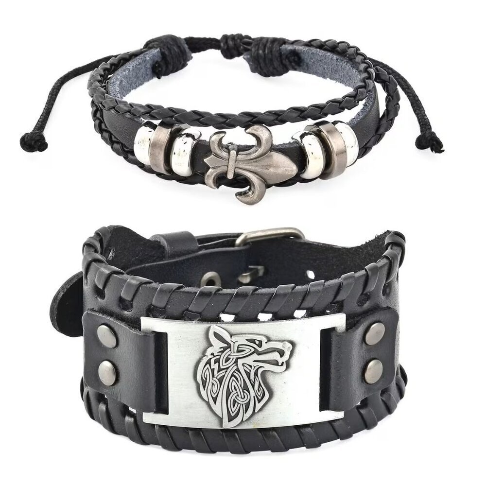 Set of 2 Genuine Leather Bracelets Dualtone Adjustable Black Original Box